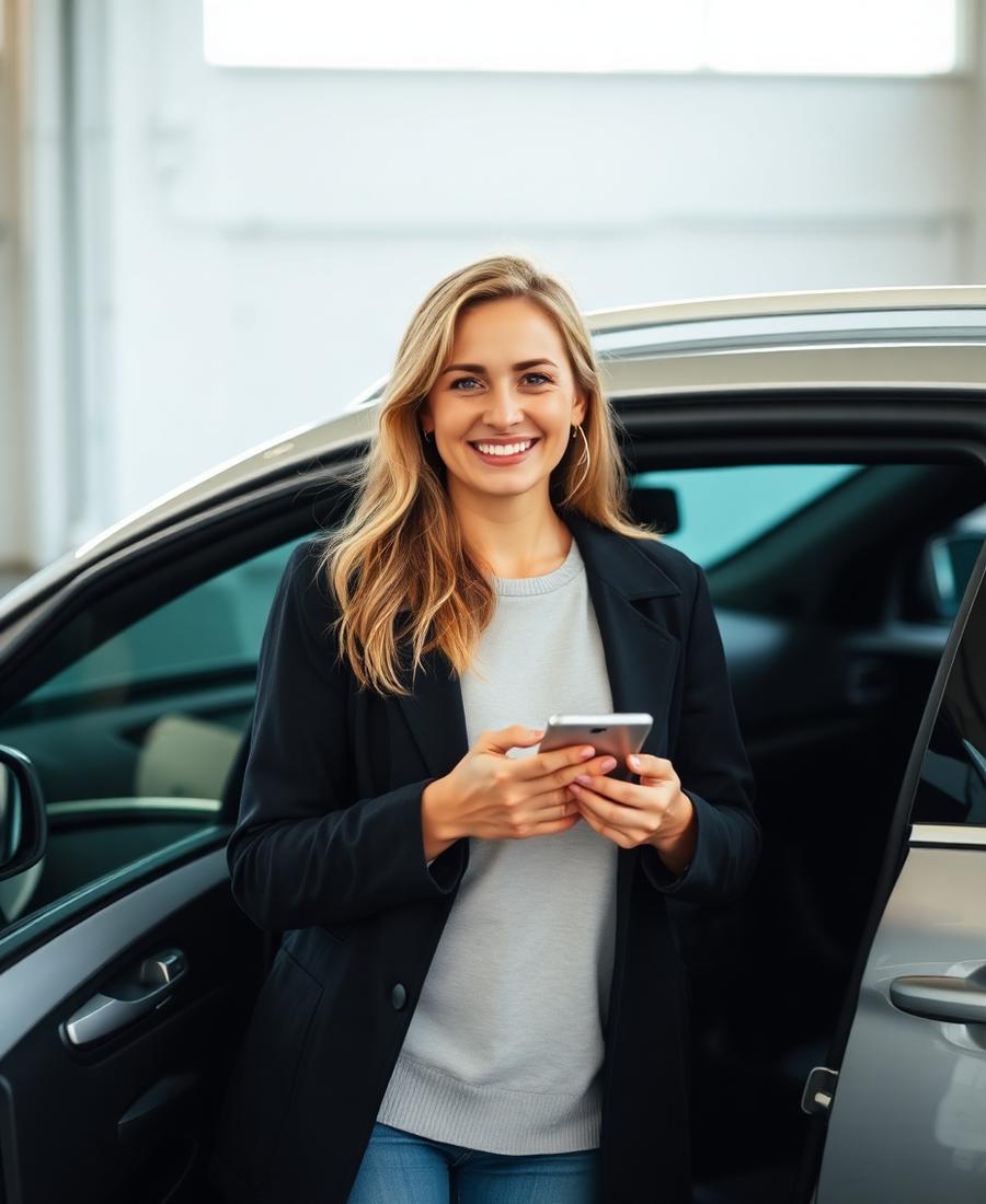 Kund som bokar bilservice i mobilen bredvid sin bil